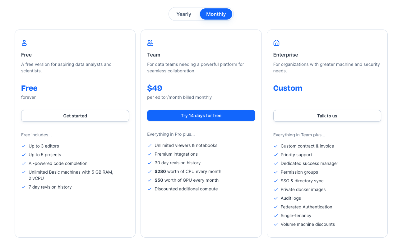 deepnote ai pricing page screenshot