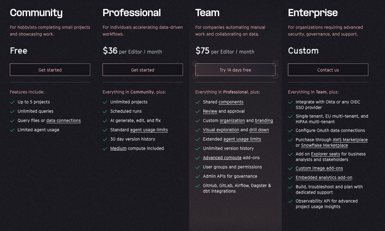 hex ai pricing page screenshot