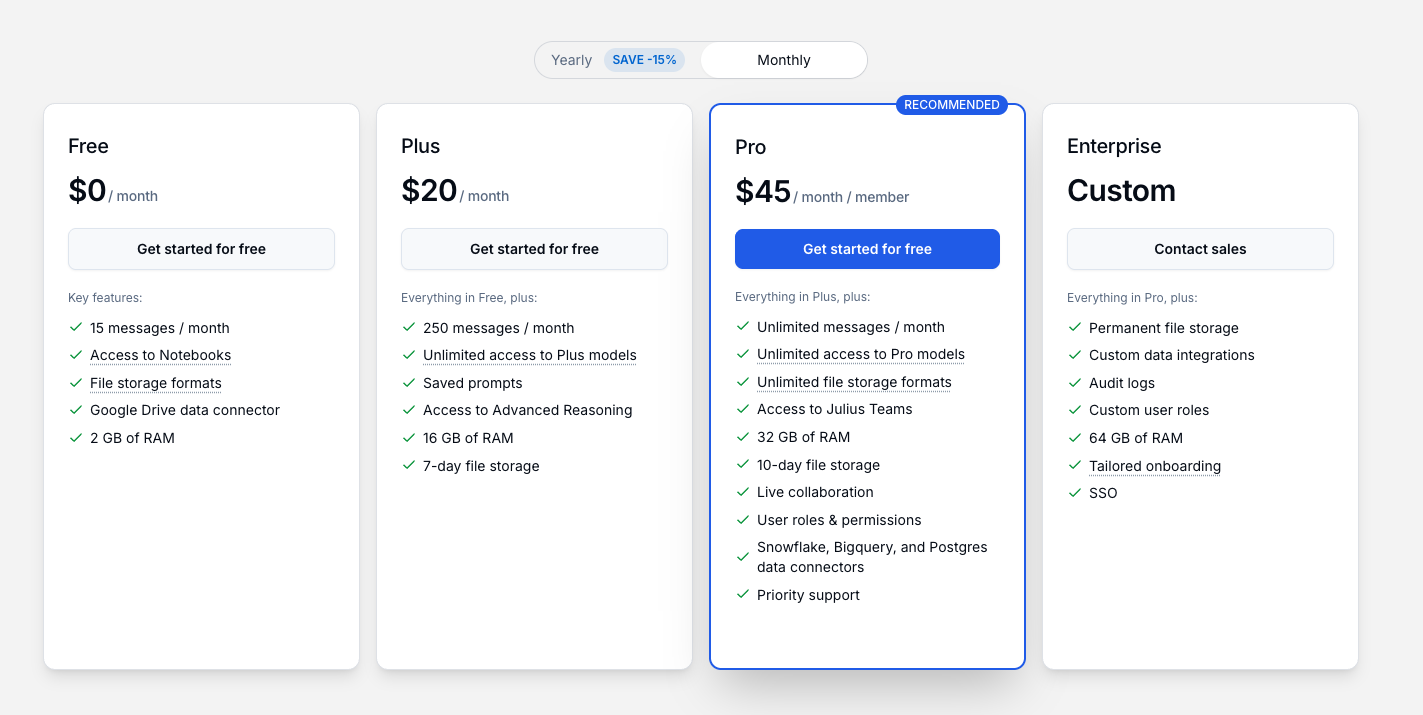 julius ai pricing page screenshot