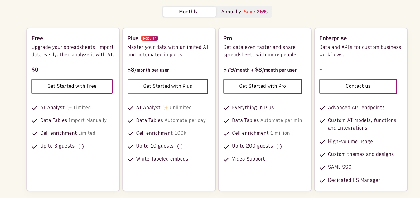 rows ai pricing page screenshot